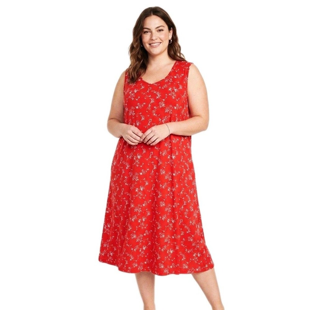 Easy Essentials VTG Cotton Rich Sun Patio Dress Sleeveless Red Floral Women's 3X